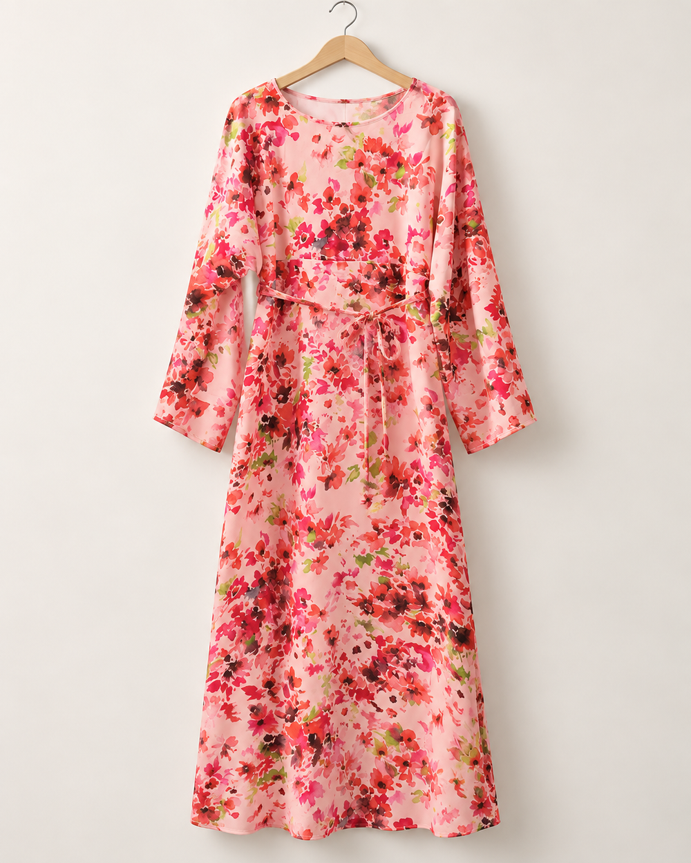 Elegant Pink Floral Printed Belted Maxi Dress – Full Sleeves