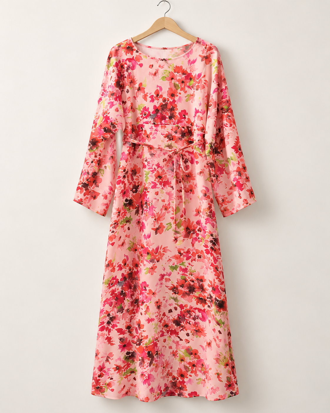 Elegant Pink Floral Printed Belted Maxi Dress – Full Sleeves