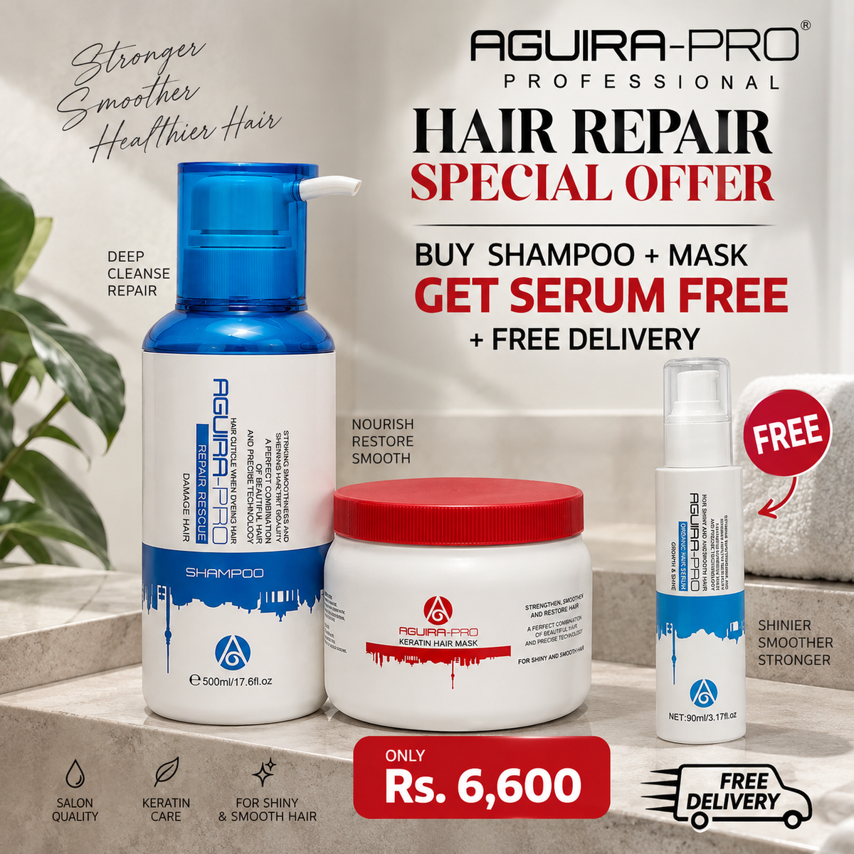 Aguira Pro Hair Repair Trio Offer – Buy Shampoo + Mask, Get Serum FREE + FREE Delivery